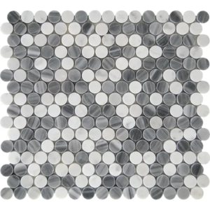 Bardiglio Grey and Carrara White 1″ Penny Round Mix Polished Marble Mosaic - Marble | Intrepid Marble & Granite