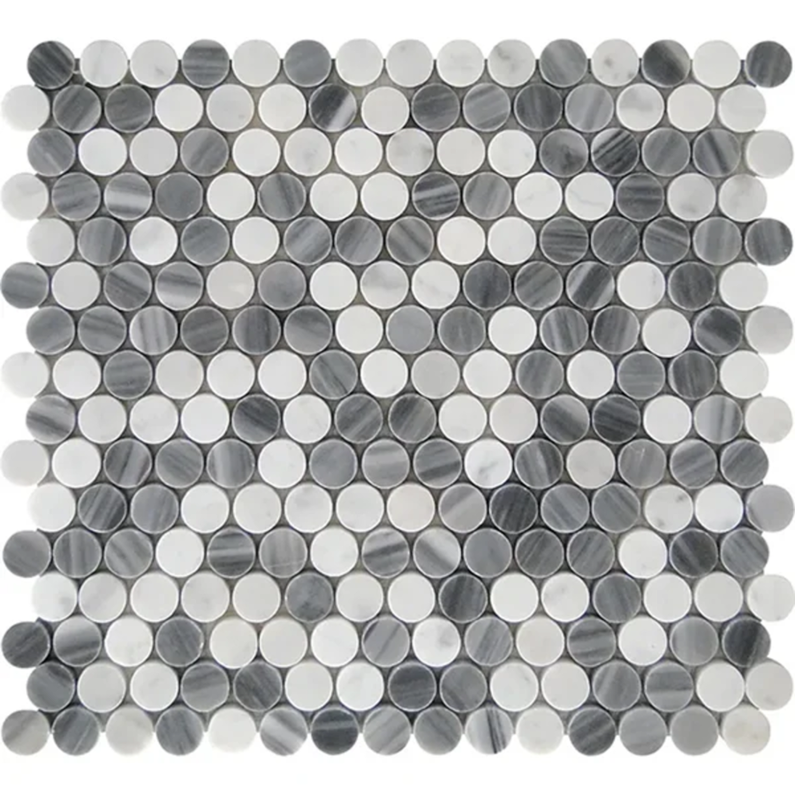 Bardiglio Grey and Carrara White 1″ Penny Round Mix Polished Marble Mosaic - Marble | Intrepid Marble & Granite