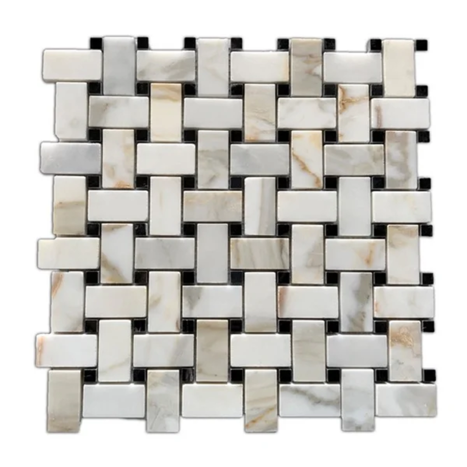 Calacatta Gold Large Basket Weave with Thassos White Stripes Polished Marble Mosaic - Marble | Intrepid Marble & Granite