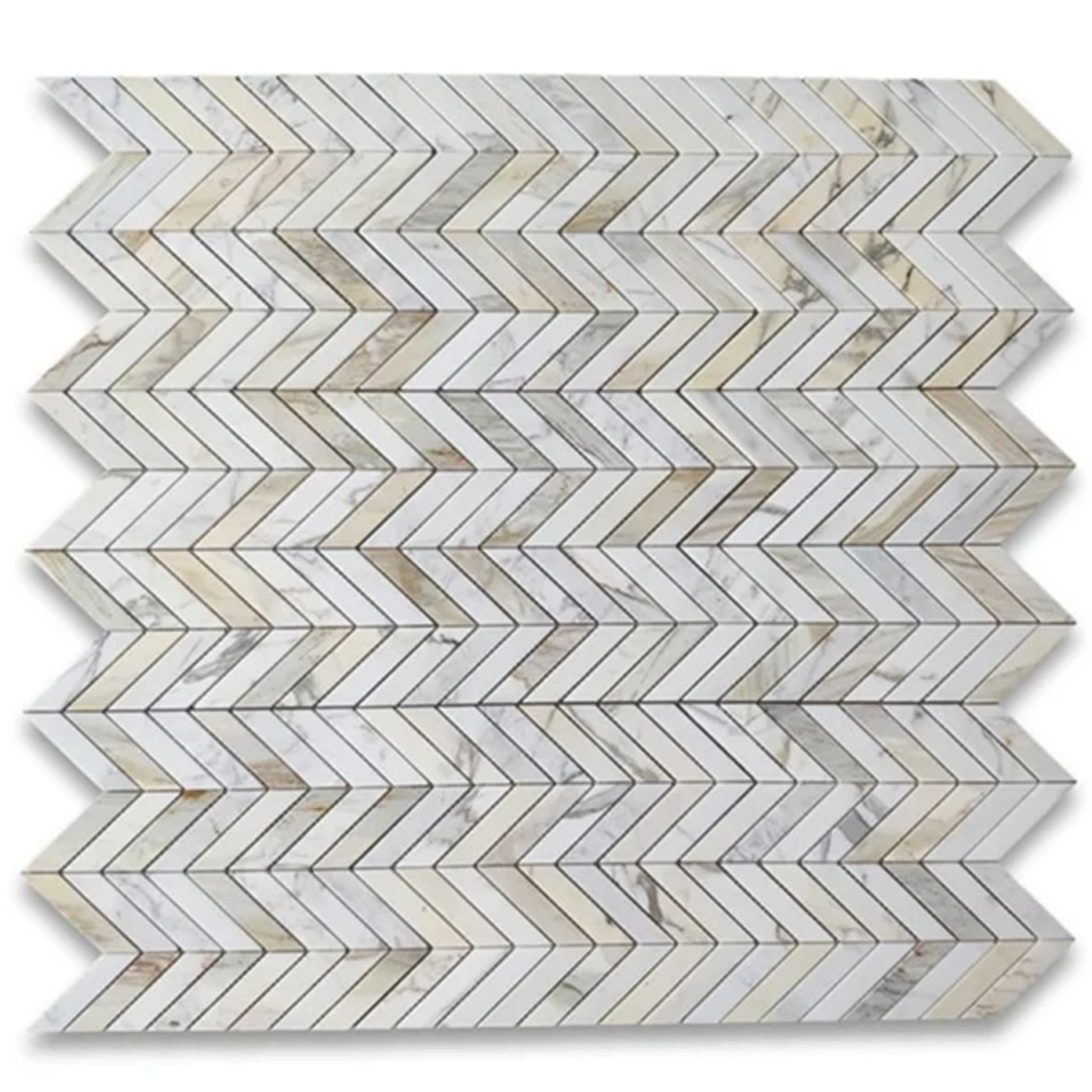 Calacatta Gold and Thassos White 1″ Inversed Boxed Chevron Polished Marble Mosaic - Marble | Intrepid Marble & Granite