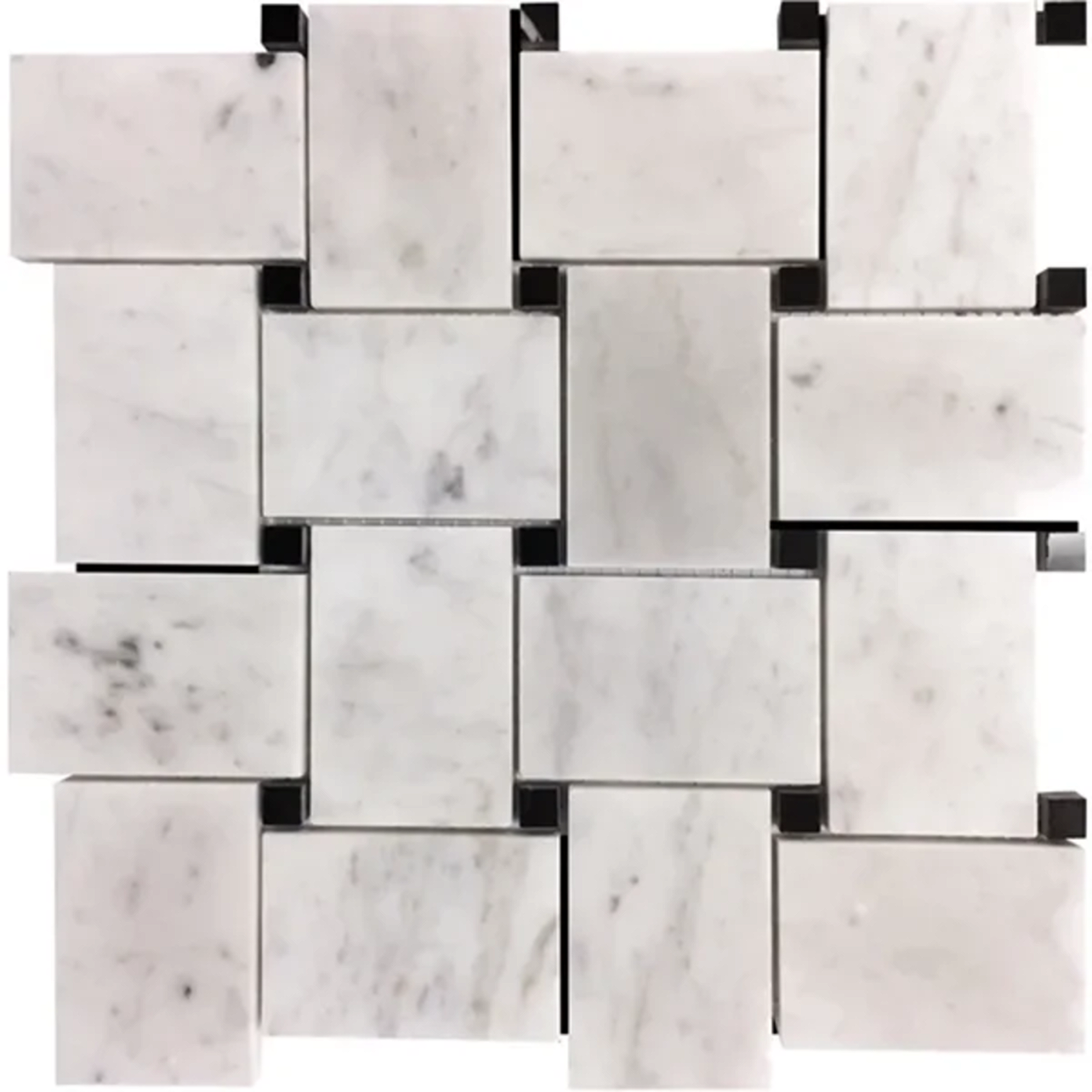 Carrara White Large Basketweave with Nero Marquina Dot Polished Marble Mosaic - Marble | Intrepid Marble & Granite