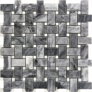 Bardiglio Grey 1X2 Basket Weave with Oriental White Dot Polished Marble Mosaic