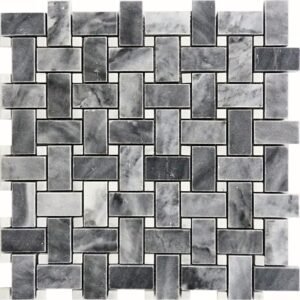 Bardiglio Grey 1X2 Basket Weave with Oriental White Dot Polished Marble Mosaic