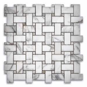 Calacatta Gold 1X2 Basketweave with Calacatta Dot Polished Marble Mosaic