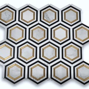 Calacatta Gold 3" Hex  Combo Thassos with Nero Marquina and Brass Polished Marble Mosaic