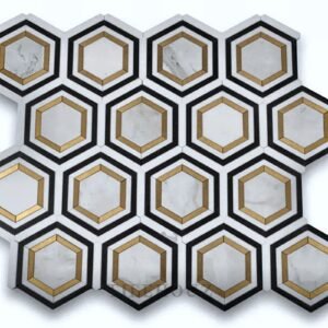 Calacatta Gold 3" Hex  Combo Thassos with Nero Marquina and Brass Polished Marble Mosaic