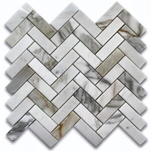 Calacatta Gold and Thassos White 3" Boxed Chevron Polished Marble Mosaic