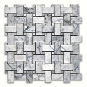 Carrara Basketweave with  White Dot Polished Marble Mosaic