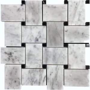 Carrara White Large Basketweave with Nero Marquina Dot Polished Marble Mosaic