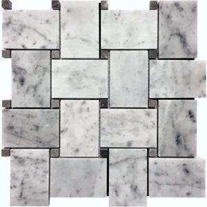 Carrara White Large Basketweave with Spanish Grey Dot Polished Marble Mosaic - Marble | Intrepid Marble & Granite