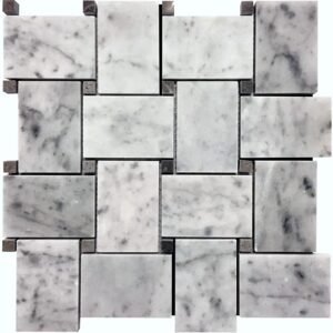 Carrara White Large Basketweave with Spanish Grey Dot Polished Marble Mosaic
